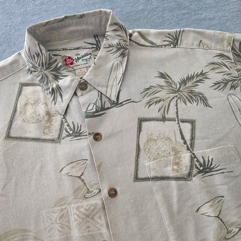 Hilo Hattie Hawaiian Original Silk Cotton Shirt Mens Large Beige Tropical Surf